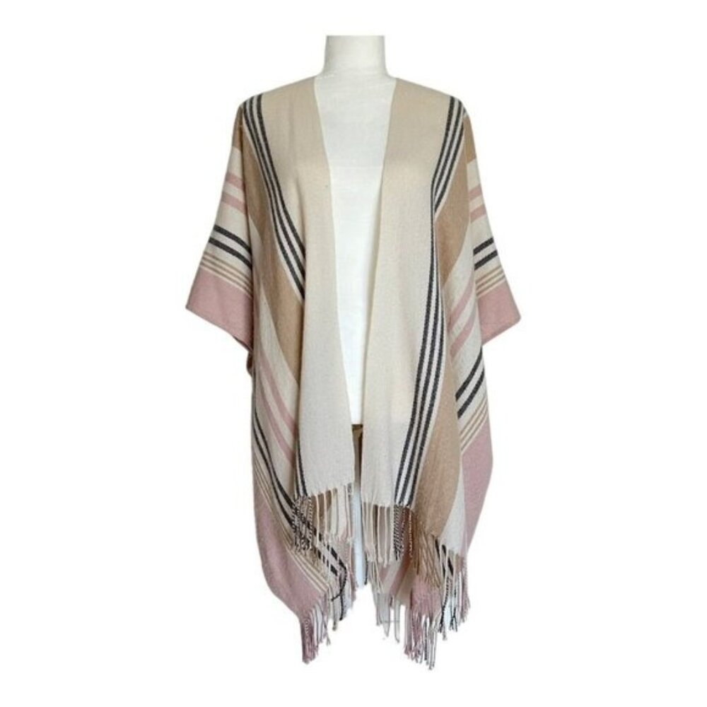 Loft Pink Cream Fringe Open Front Poncho